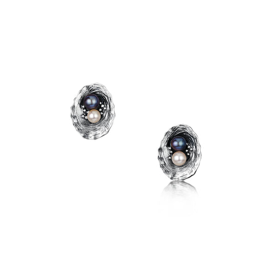 Limpet Oxidised Stud Earrings with Black & Peach Pearls