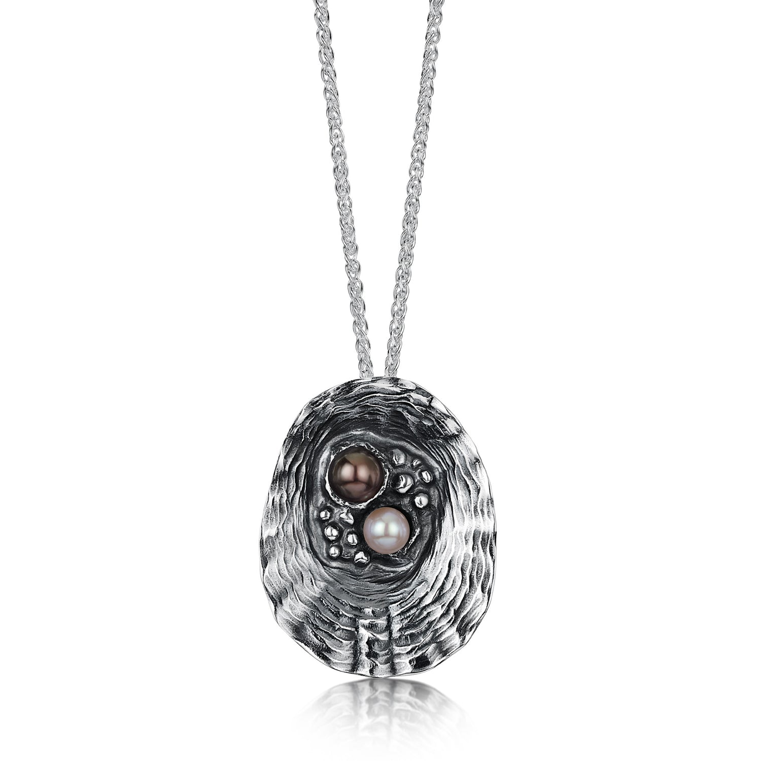 Sheila Fleet: Limpet Oxidised Large Pendant with Black & Peach Pearls